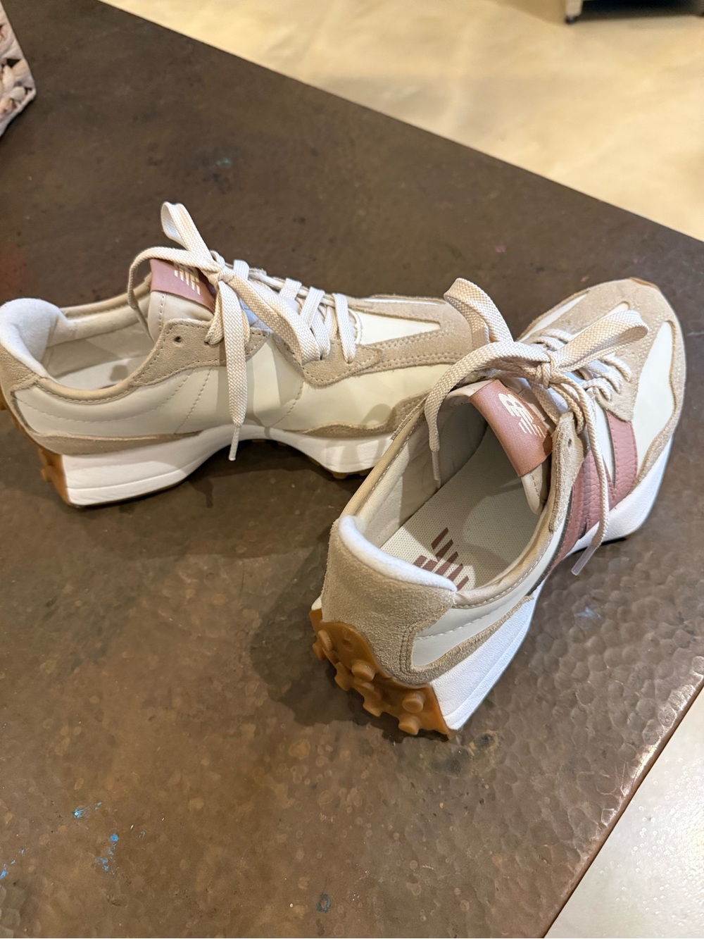 New Balance Women’s Cream and Pink Retro Trainer Sneakers